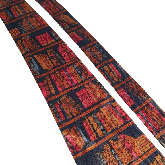 Vintage Bookshelf Print Necktie For Book Lovers Librarian Academics Teacher Gift - Picture 2 of 5